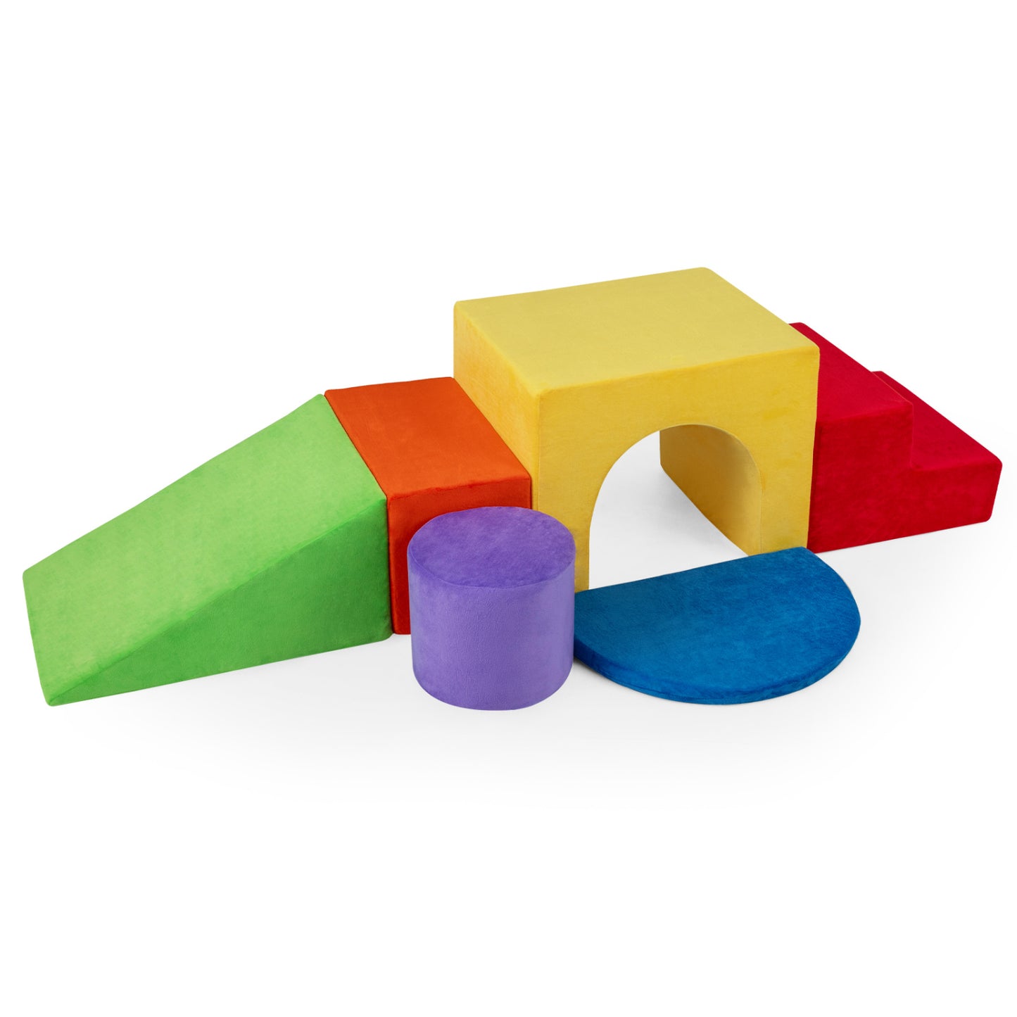 Six gray foam climbing blocks for kids with slide and tunnel, ideal for indoor play and active fun.