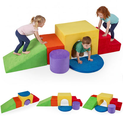 Six gray foam climbing blocks for kids with slide and tunnel, indoor play set designed for safe, fun active play.
