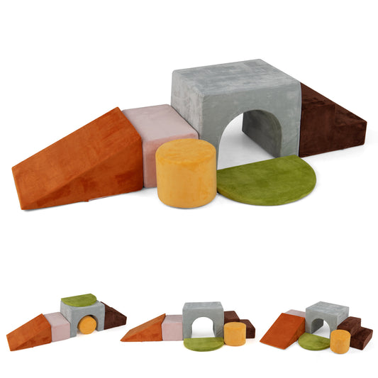 Six gray foam climbing blocks for kids with slide and tunnel, indoor playset for safe active fun.