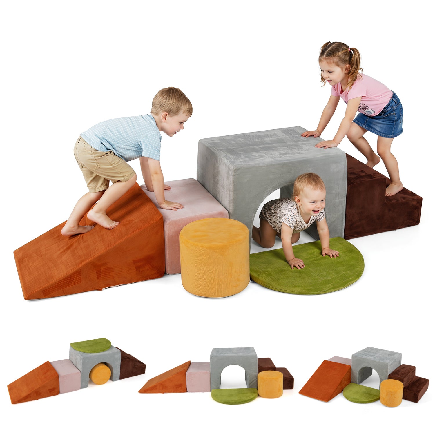 Six gray foam climbing blocks for kids with slide and tunnel, soft indoor play set by Wilsons Home Store.