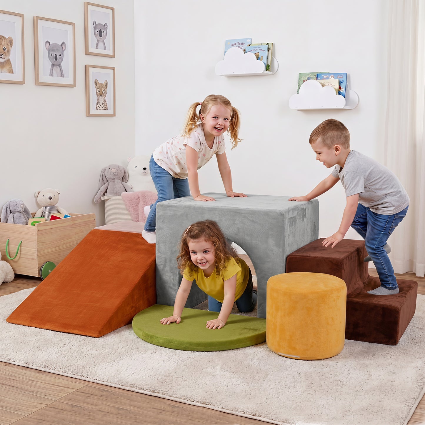 Six gray foam climbing blocks for kids with slide and tunnel, soft indoor play set for active children.
