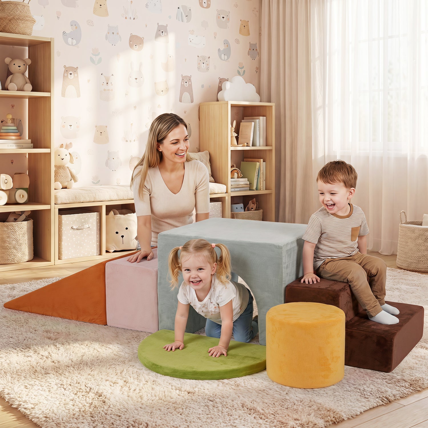 Six gray foam climbing blocks for kids with slide and tunnel, soft indoor play set for active fun.