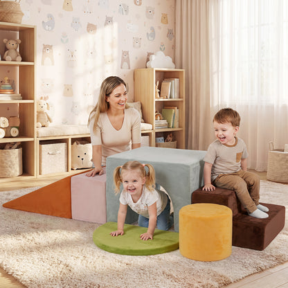 Six gray foam climbing blocks for kids with slide and tunnel, soft indoor play set for active fun.