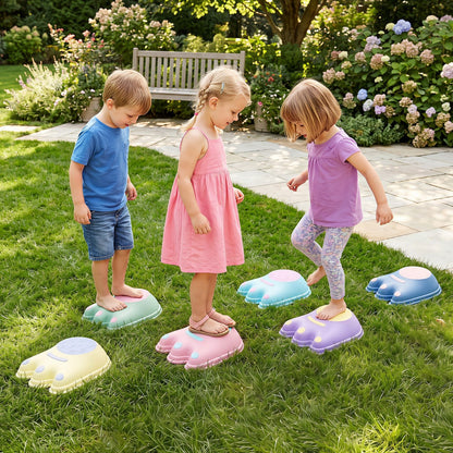 Six colorful monster-themed stepping stones for kids, designed for outdoor play and active toy sports.