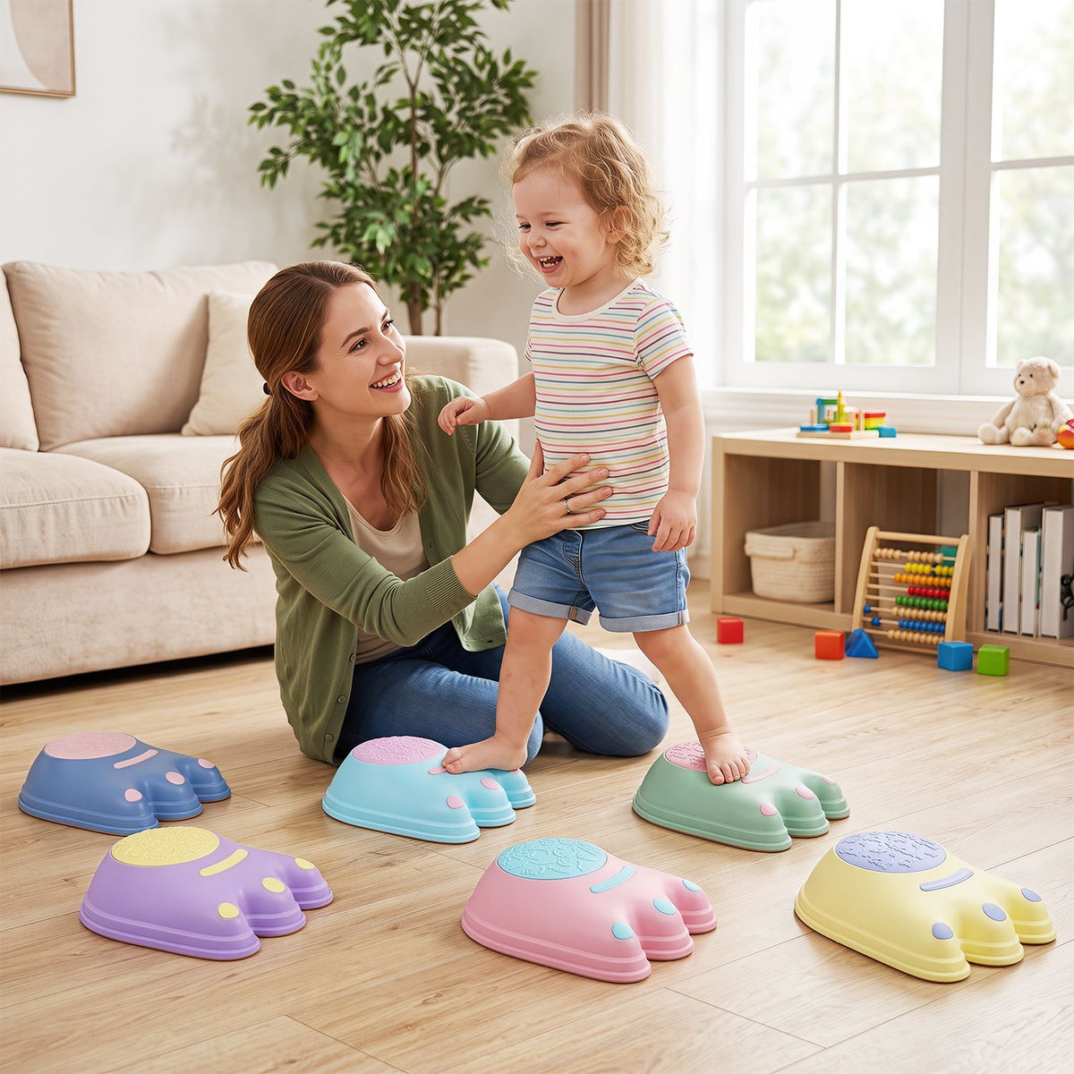 Six colorful monster-themed stepping stones for kids, outdoor toy sports set from Wilsons Home Store.