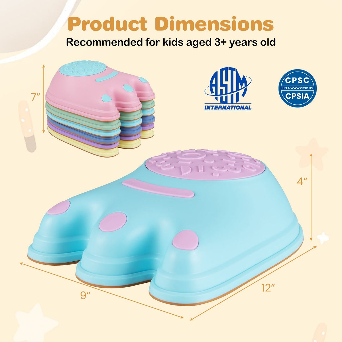 Six colorful monster-themed stepping stones for kids outdoor play, designed for safe and fun outdoor activity.