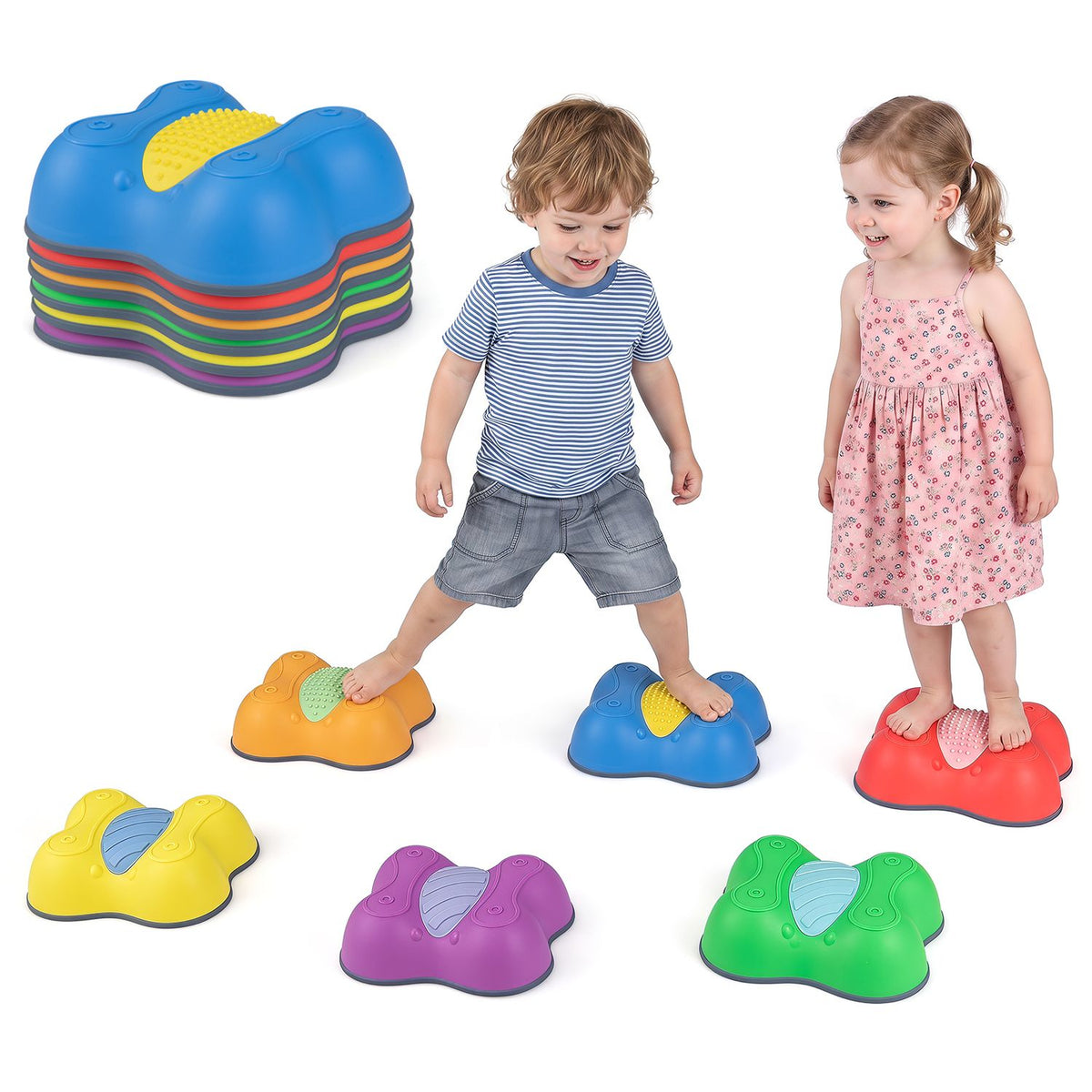 Six butterfly-themed stepping stones for kids outdoor play, colorful and decorative toy sports accessory for children.