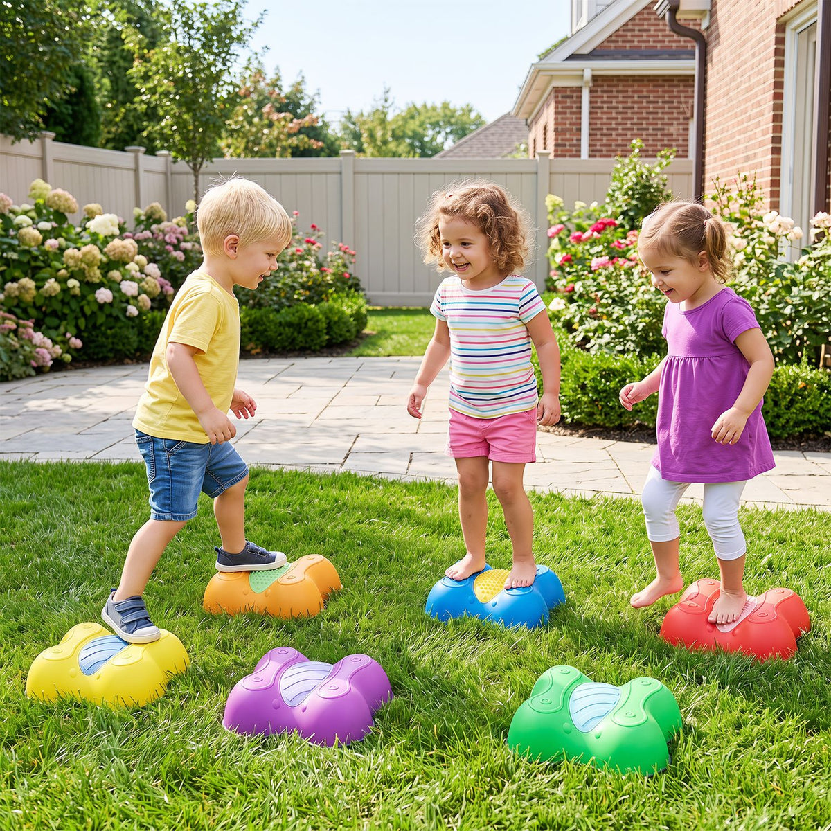 Six butterfly-themed kids' stepping stones for outdoor play, featuring colorful designs and durable plastic construction.