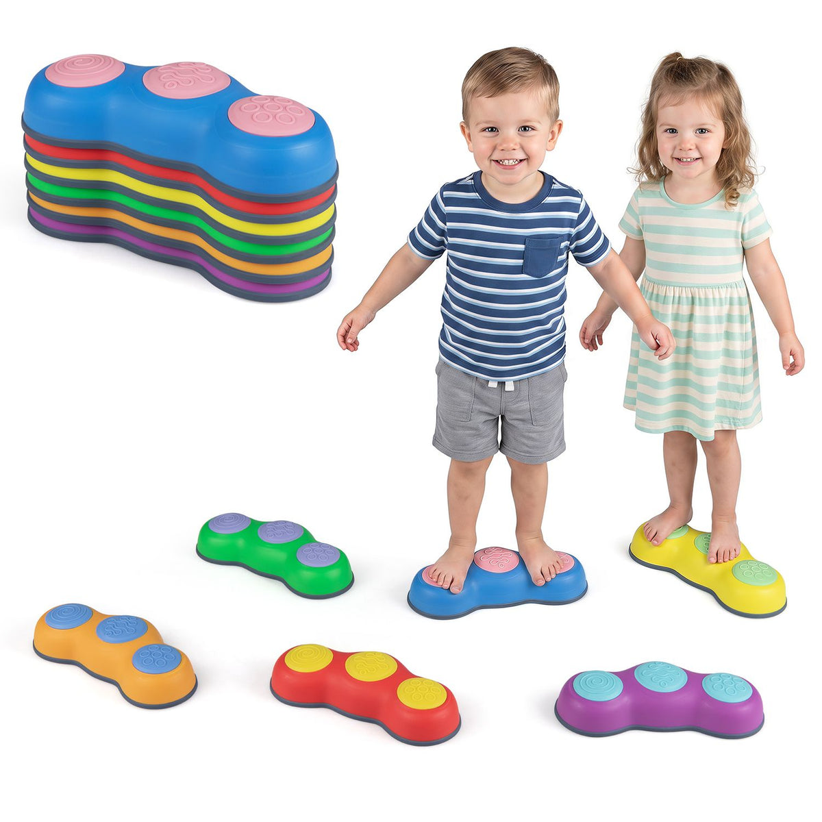 Six colorful peanut-themed stepping stones for kids, outdoor toy sports set from Wilsons Home Store.