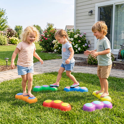 Six peanut-themed stepping stones for kids outdoor play, featuring colorful, playful designs for safe, fun activity in the yard.
