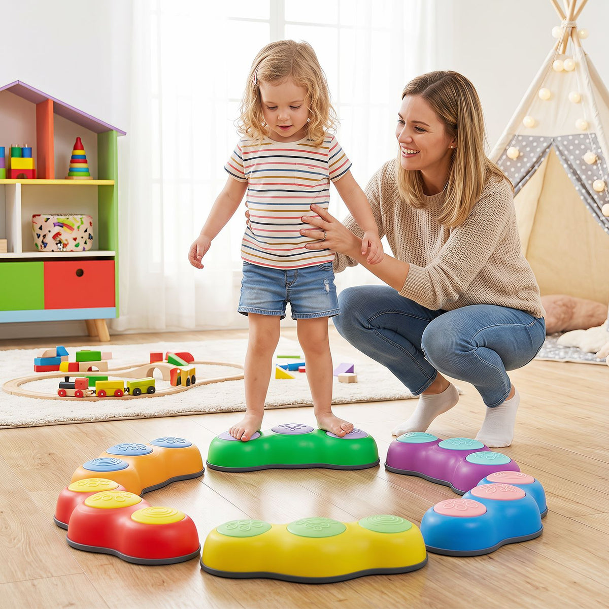 Six colorful peanut-themed stepping stones for kids, outdoor toy sports set from Wilsons Home Store, perfect for active outdoor play.