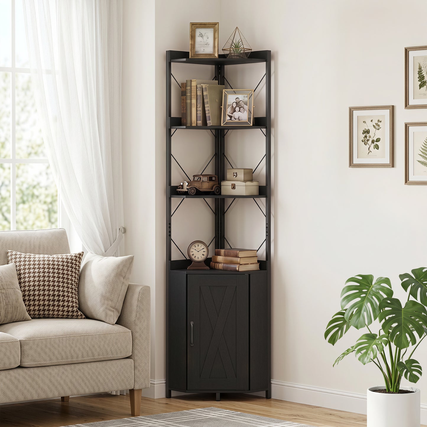 6-Tier 71" Tall Freestanding Bookshelf with Cabinet and Metal Frame-Black