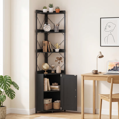 6-Tier 71" Tall Freestanding Bookshelf with Cabinet and Metal Frame-Black