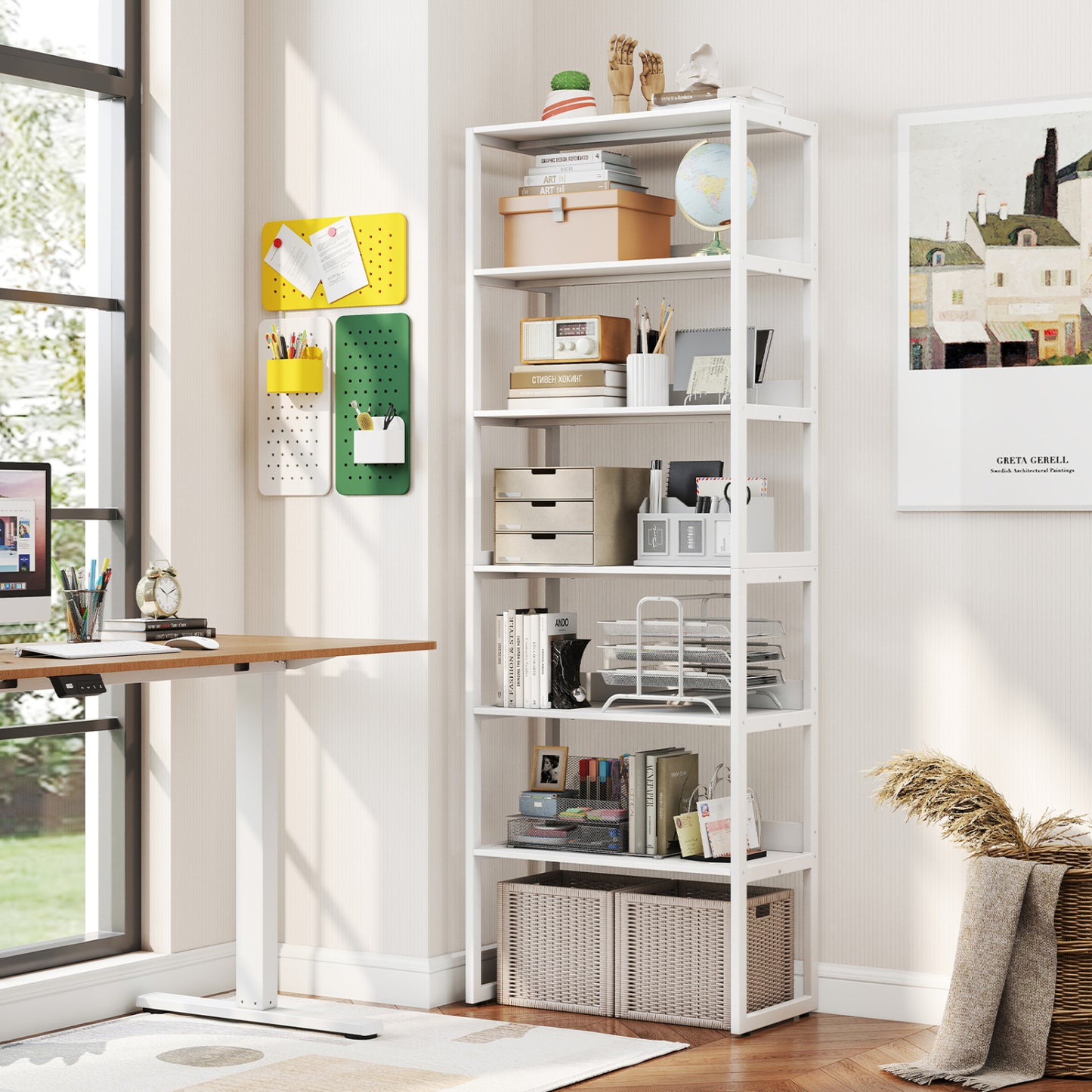 White 6-tier bookcase with metal frame, detachable shelves, and anti-tipping kits for home office storage by Wilsons Home Store