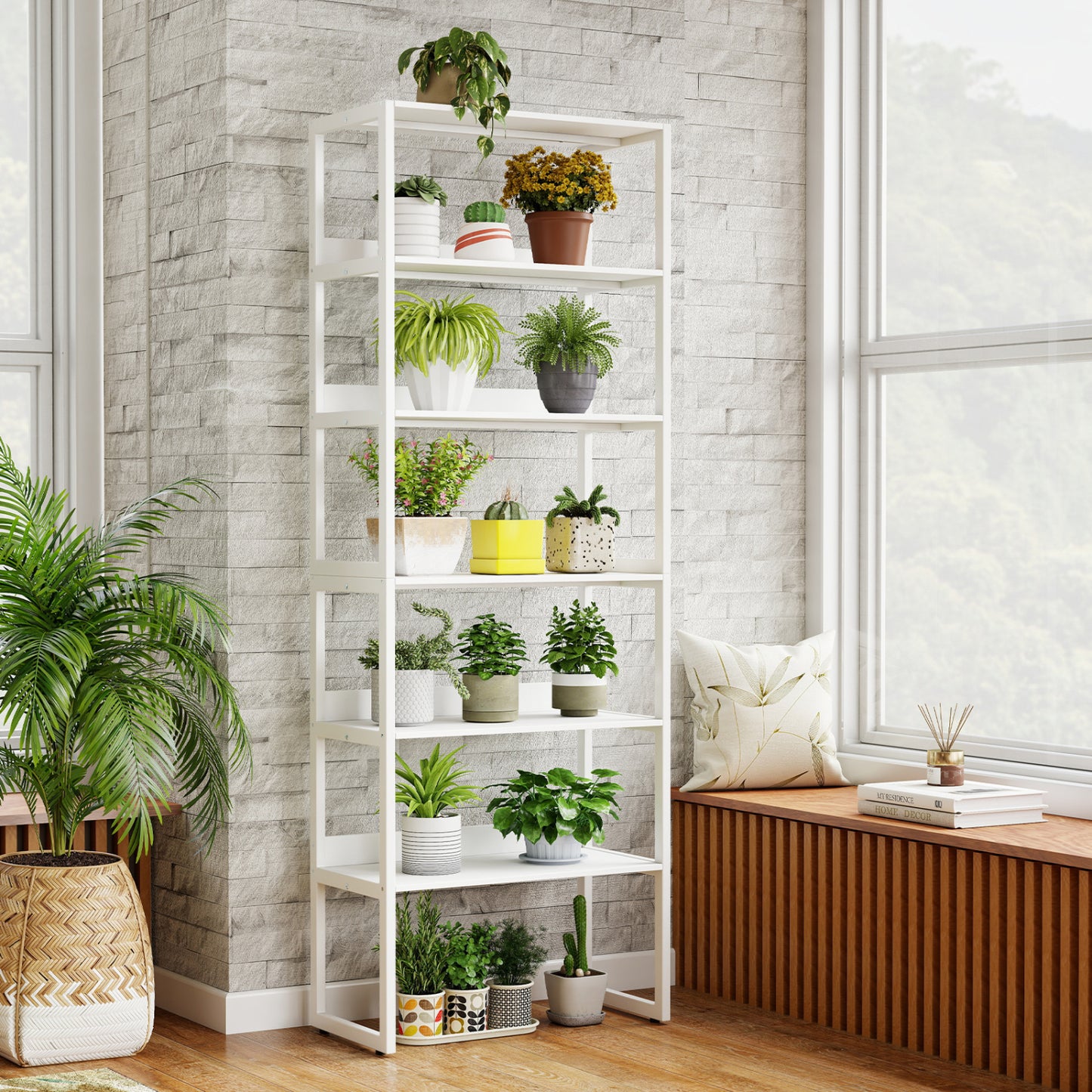 White 6-tier book shelf with metal frame and detachable shelves, featuring anti-tipping kits for stability, ideal for home office use.