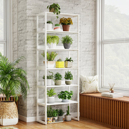 White 6-tier book shelf with metal frame and detachable shelves, featuring anti-tipping kits for stability, ideal for home office use.
