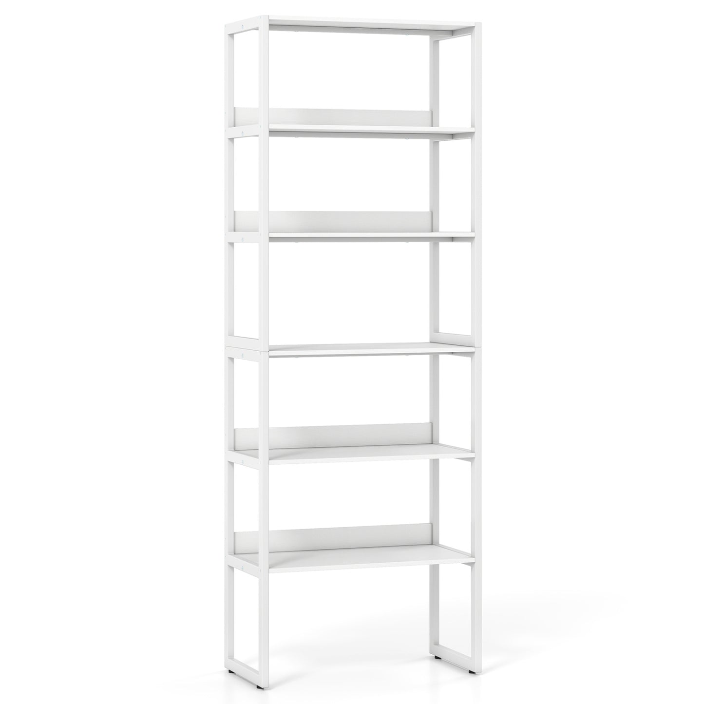 White 6-tier book shelf with metal frame and detachable shelves, featuring 4 anti-tipping kits for stability.