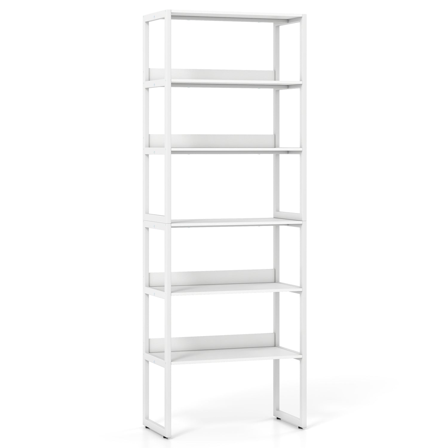 White 6-tier book shelf with metal frame and detachable shelves, featuring 4 anti-tipping kits for stability.