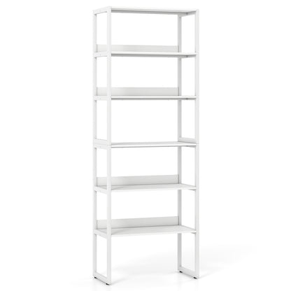White 6-tier book shelf with metal frame and detachable shelves, featuring 4 anti-tipping kits for stability.
