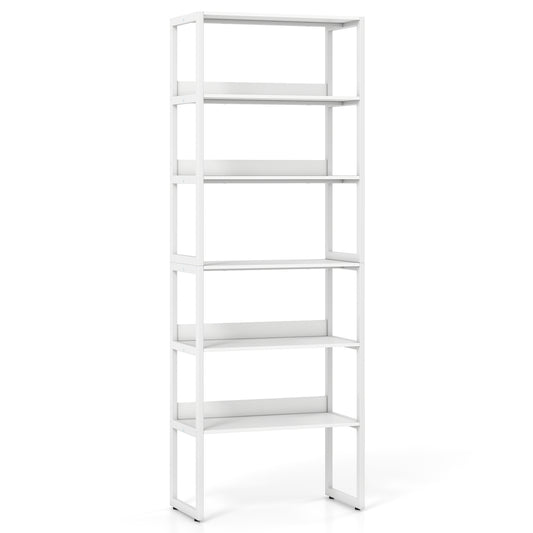 White 6-tier book shelf with metal frame and detachable shelves, featuring 4 anti-tipping kits for stability.