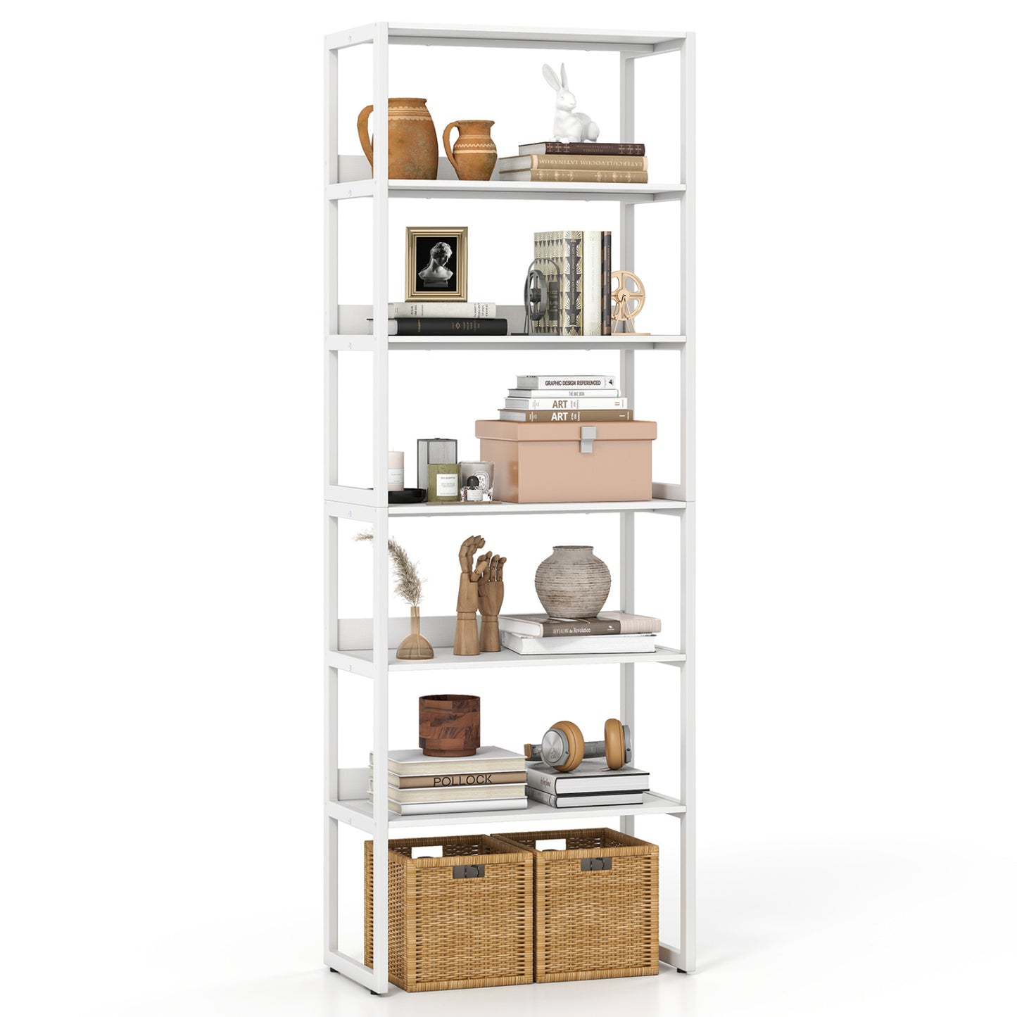 White 6-tier book shelf with metal frame and detachable shelves, includes 4 anti-tipping kits, ideal for home office storage.