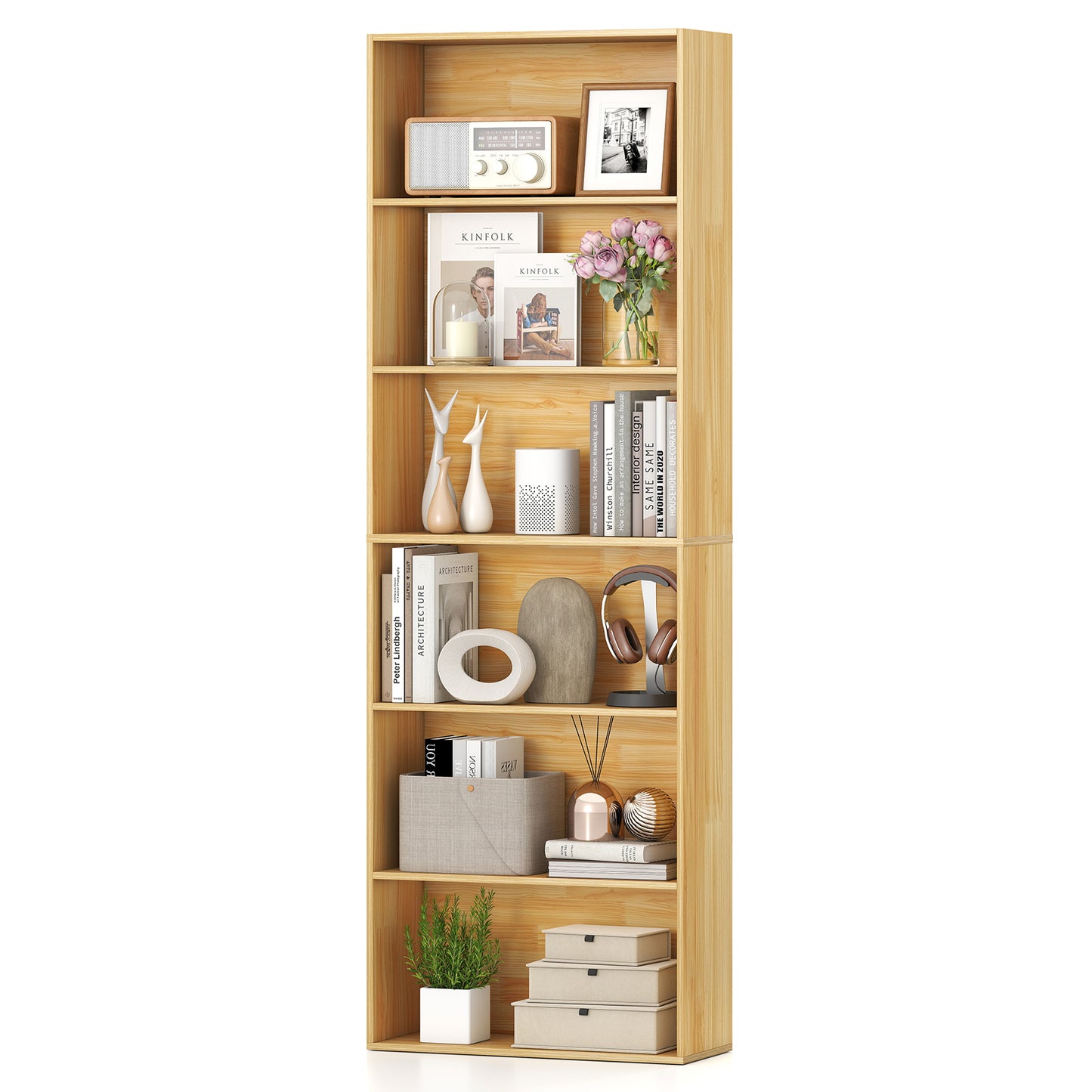 6-Tier Bookcase with 6 Open Shelves and Anti-Toppling Kits-Gray