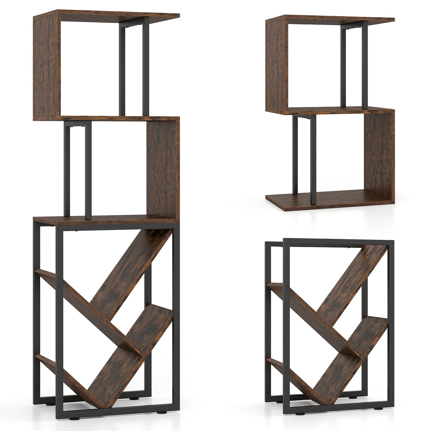 6-Tier Bookshelf Floor Standing Tree S-Shaped Geometric Bookcase with Open Shelves-Brown