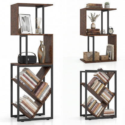6-Tier Bookshelf Floor Standing Tree S-Shaped Geometric Bookcase with Open Shelves-Brown