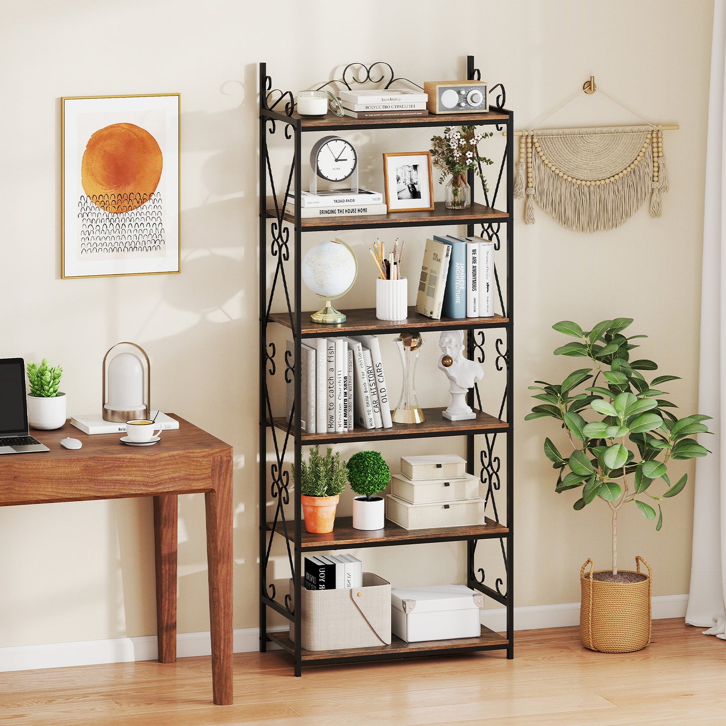 6-Tier Bookshelf Industrial Bookcase with 2 Anti-Tipping Kits and Metal Frame-Rustic Brown