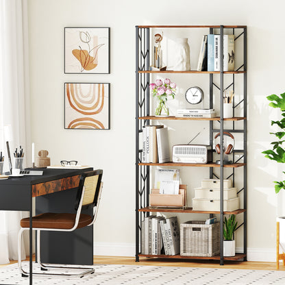 6-Tier Bookshelf Modern Geometric Bookcase with Heavy-duty Metal Frame and Anti-tipping Kits-Rustic Brown