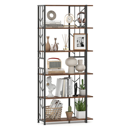 6-Tier Bookshelf Modern Geometric Bookcase with Heavy-duty Metal Frame and Anti-tipping Kits-Rustic Brown