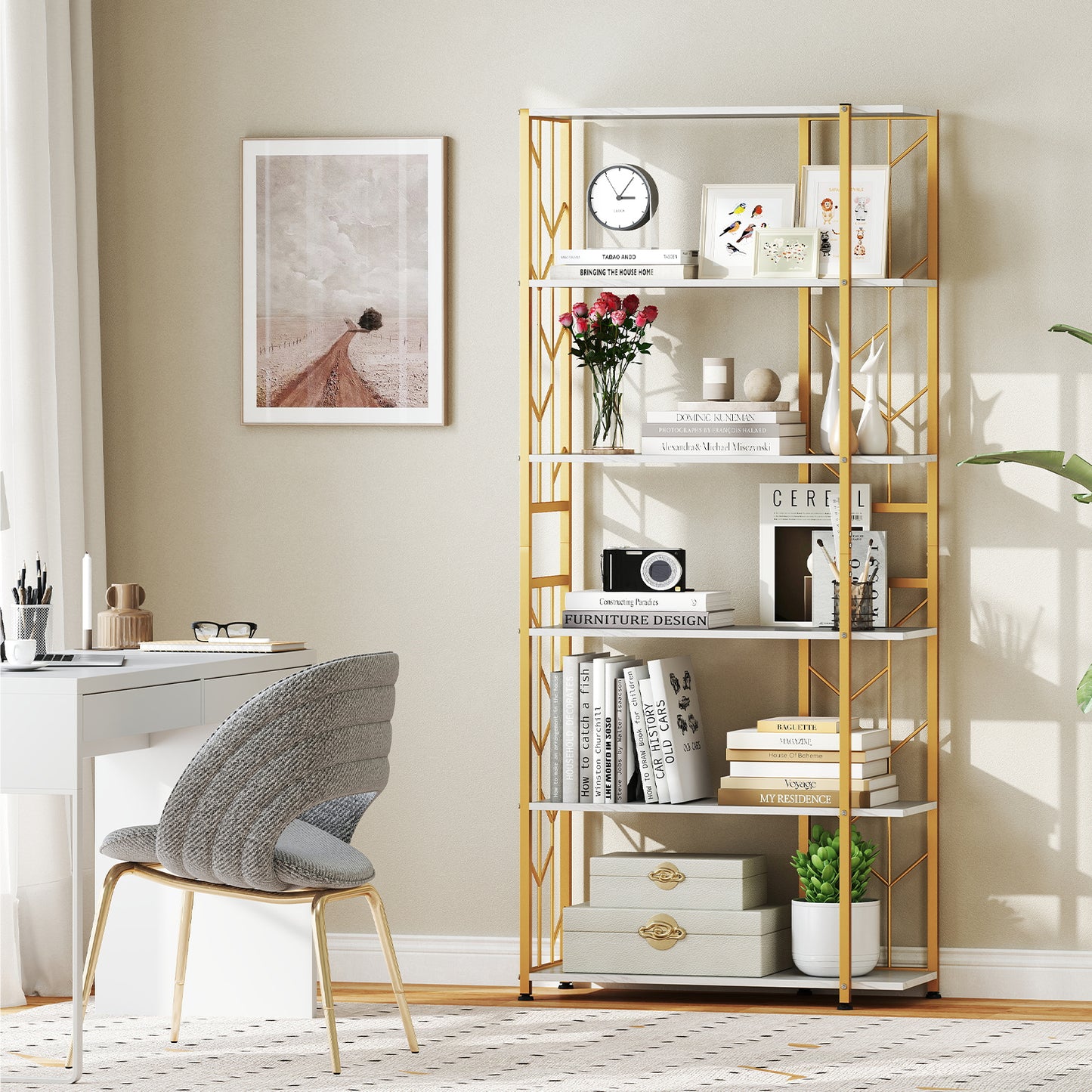 6-Tier Bookshelf Modern Geometric Bookcase with Heavy-duty Metal Frame and Anti-tipping Kits-Rustic Brown