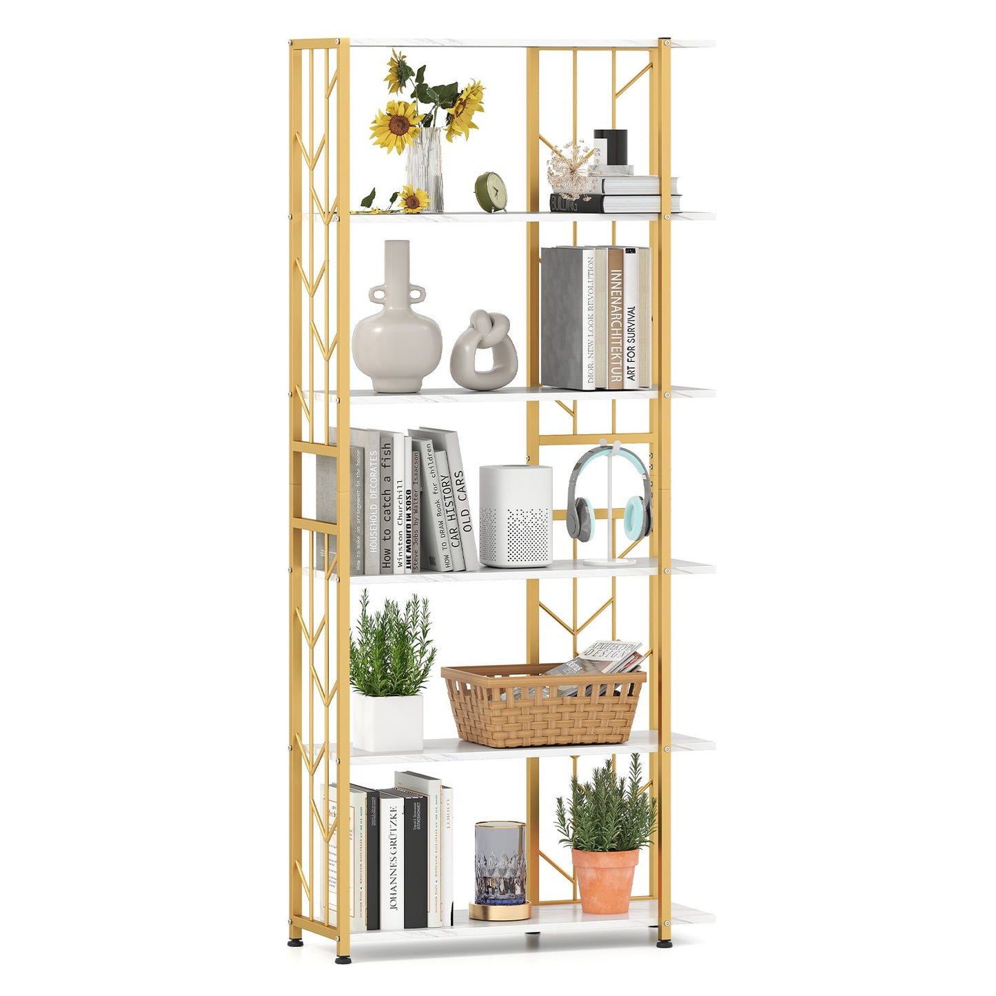 6-Tier Bookshelf Modern Geometric Bookcase with Heavy-duty Metal Frame and Anti-tipping Kits-Rustic Brown