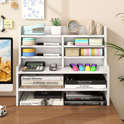 White 6-tier compact storage rack with 4 removable shelves, ideal for small spaces and home office organization.