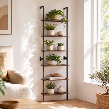 6-Tier Freestanding ladder Storage bookshelf with Metal Frame for Study and Pantry-Rustic Brown