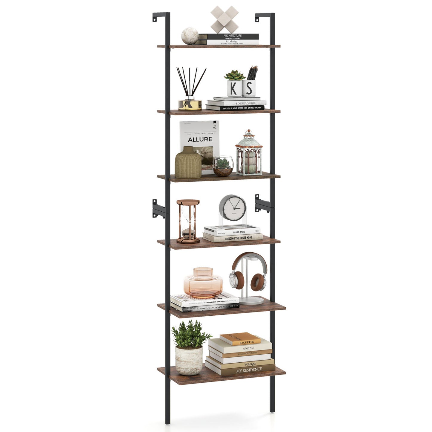 6-Tier Freestanding ladder Storage bookshelf with Metal Frame for Study and Pantry-Rustic Brown