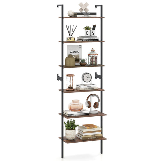Rustic brown 6-tier freestanding ladder bookshelf with metal frame, perfect for home office or pantry storage.