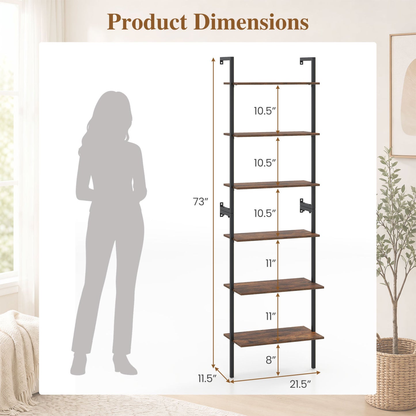 6-Tier Freestanding ladder Storage bookshelf with Metal Frame for Study and Pantry-Rustic Brown