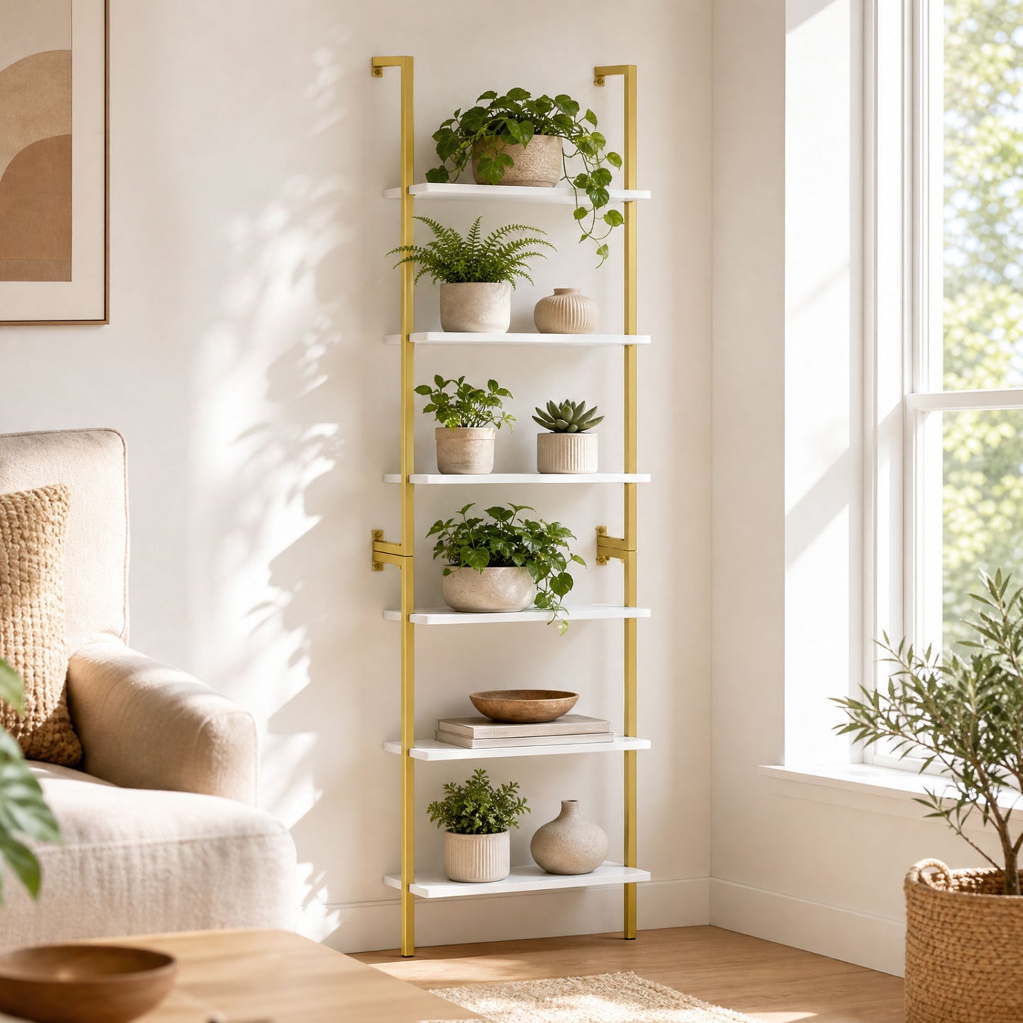 6-Tier Freestanding ladder Storage bookshelf with Metal Frame for Study and Pantry-Rustic Brown