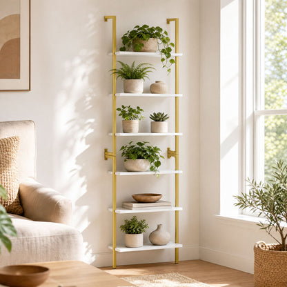 6-Tier Freestanding ladder Storage bookshelf with Metal Frame for Study and Pantry-Rustic Brown