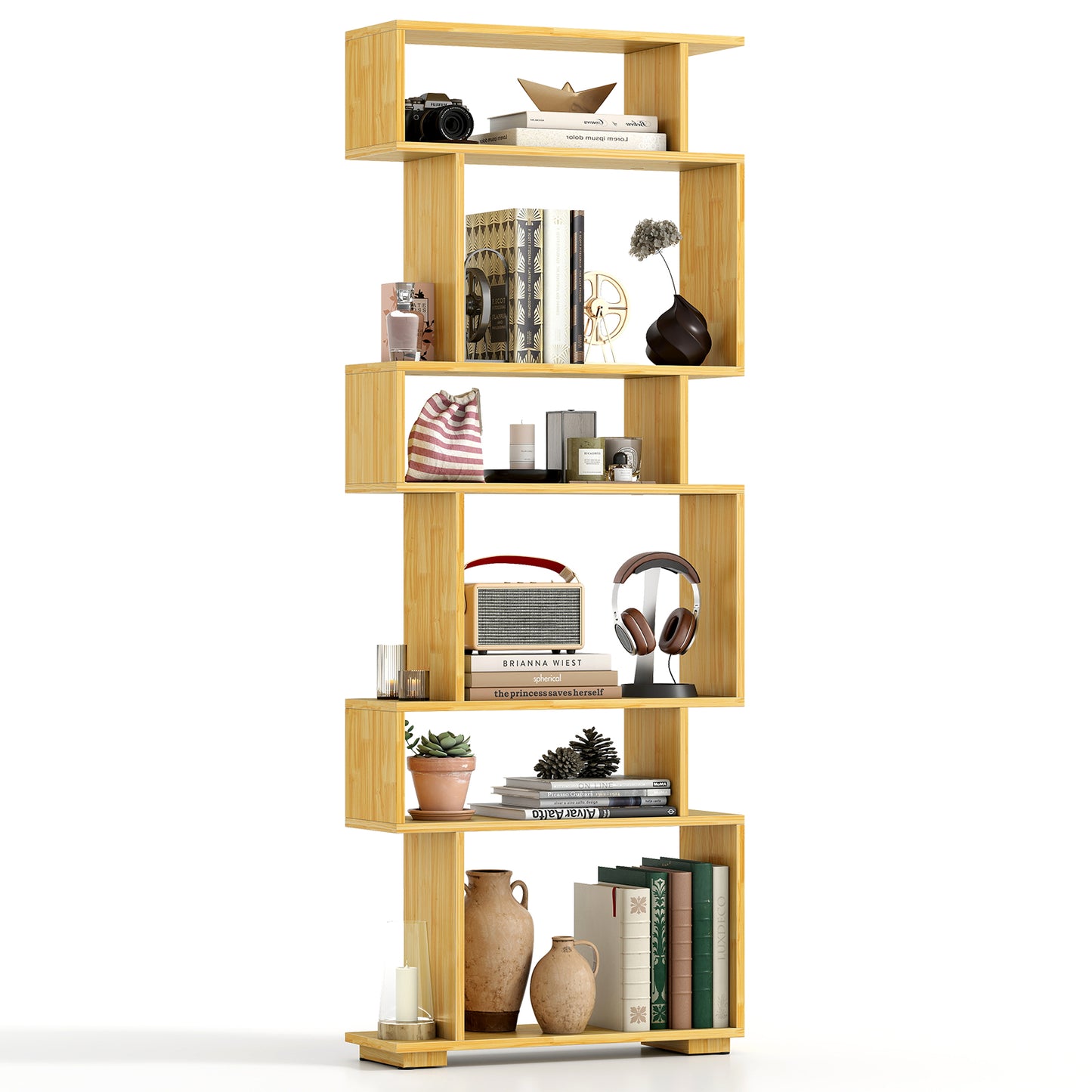 6-Tier Geometric Bookshelf with 2 Anti-Tipping Kits for Home Office-Natural