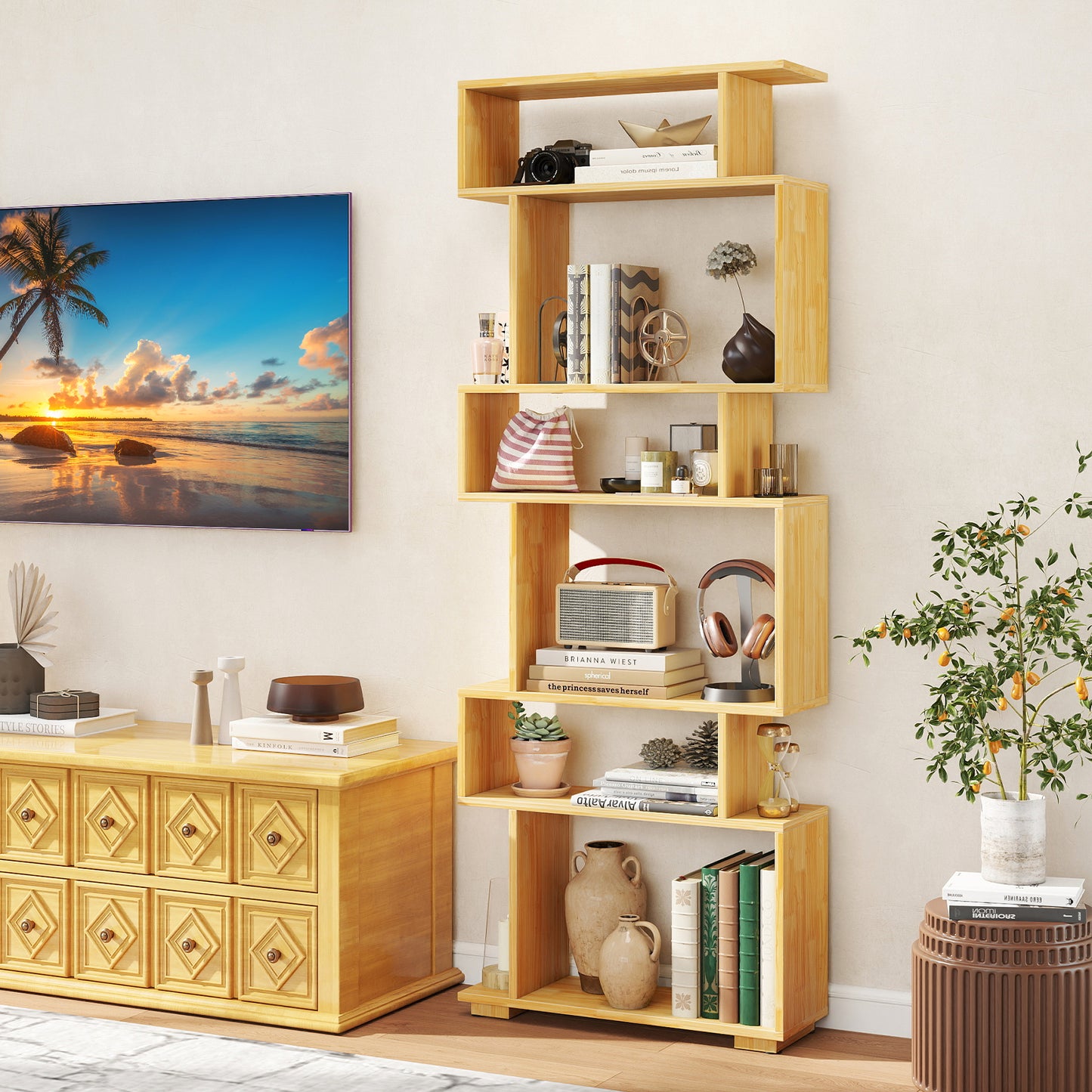 6-Tier Geometric Bookshelf with 2 Anti-Tipping Kits for Home Office-Natural