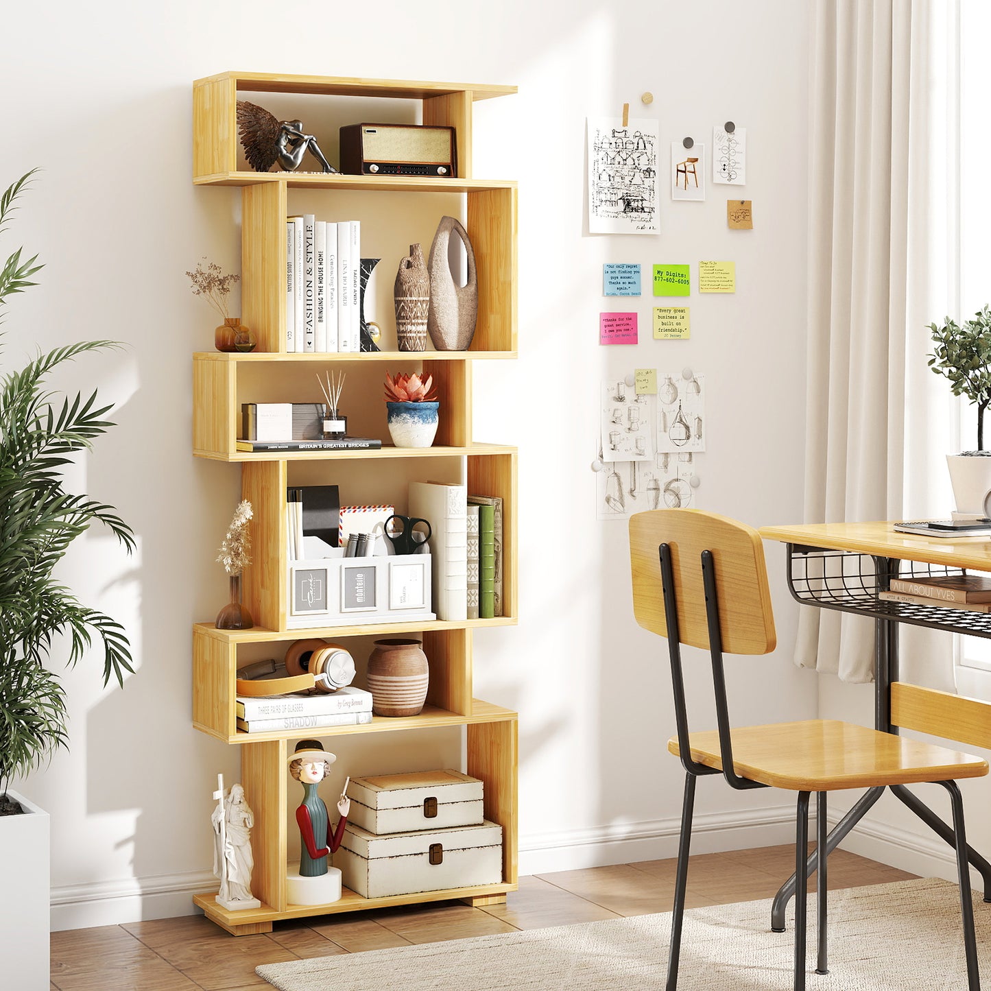 6-Tier Geometric Bookshelf with 2 Anti-Tipping Kits for Home Office-Natural