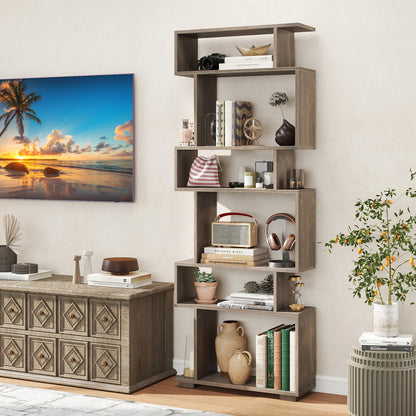6-Tier Geometric Bookshelf with 2 Anti-Tipping Kits for Home Office-Natural