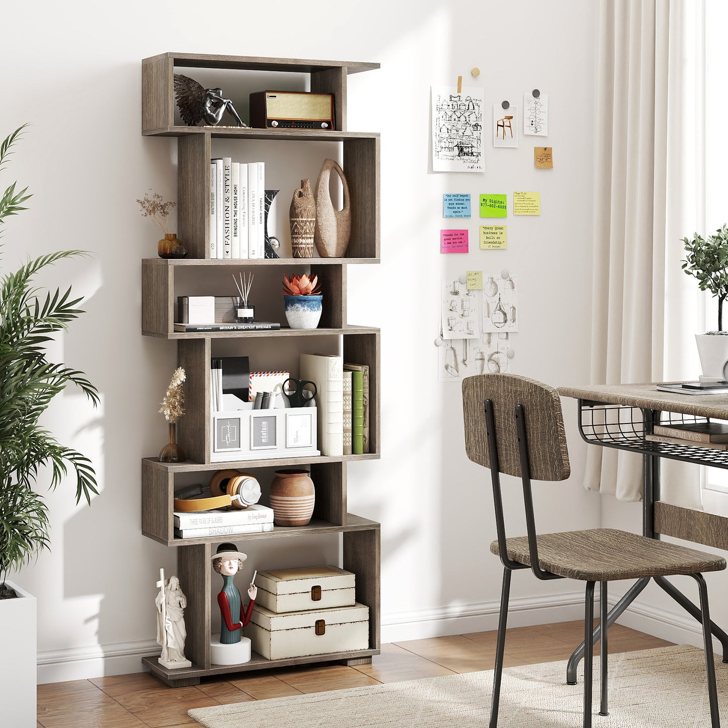 6-Tier Geometric Bookshelf with 2 Anti-Tipping Kits for Home Office-Natural