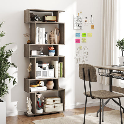 6-Tier Geometric Bookshelf with 2 Anti-Tipping Kits for Home Office-Natural