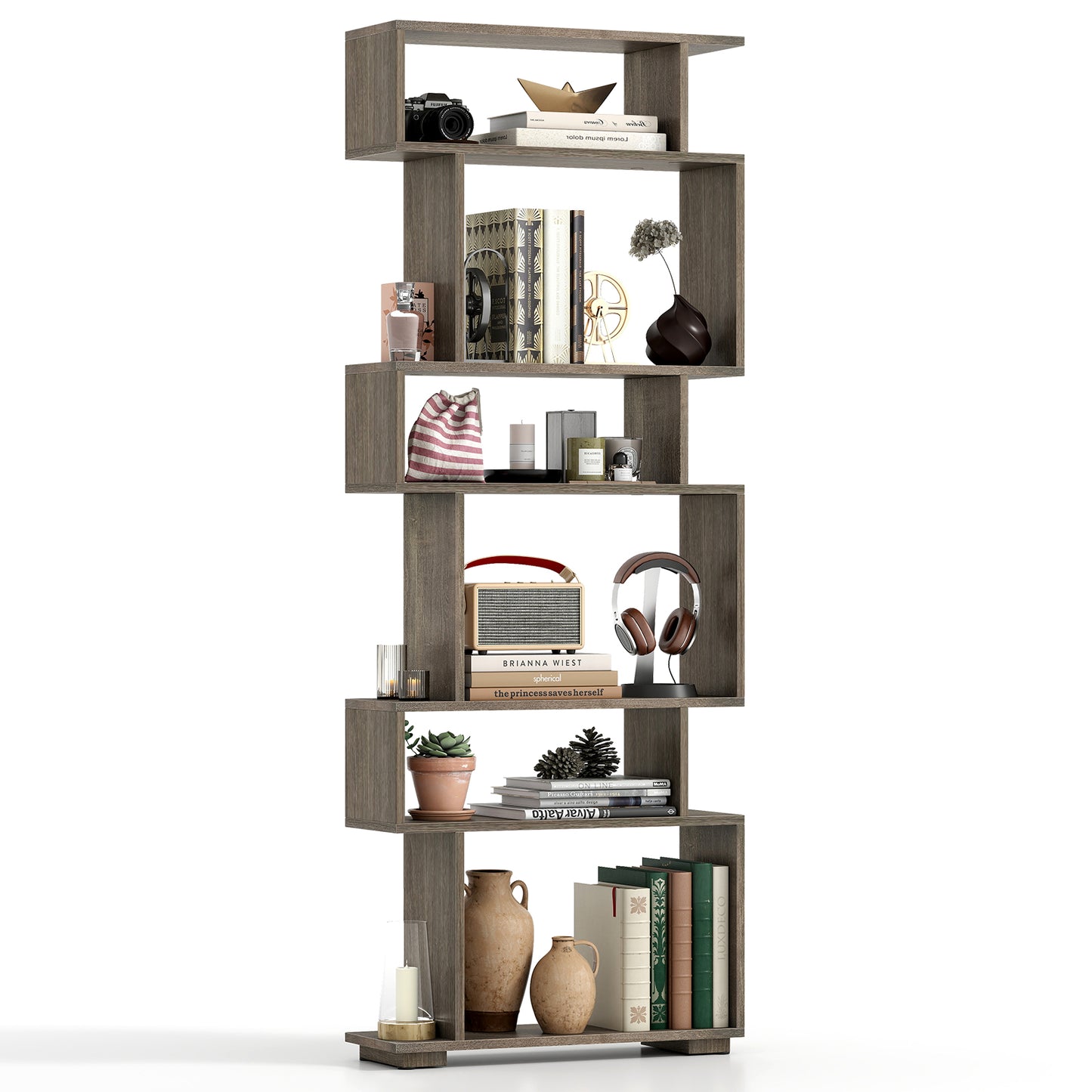 6-Tier Geometric Bookshelf with 2 Anti-Tipping Kits for Home Office-Natural