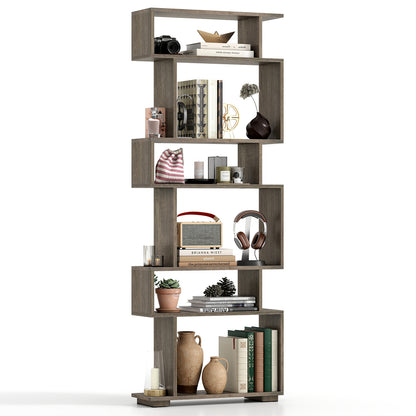 6-Tier Geometric Bookshelf with 2 Anti-Tipping Kits for Home Office-Natural