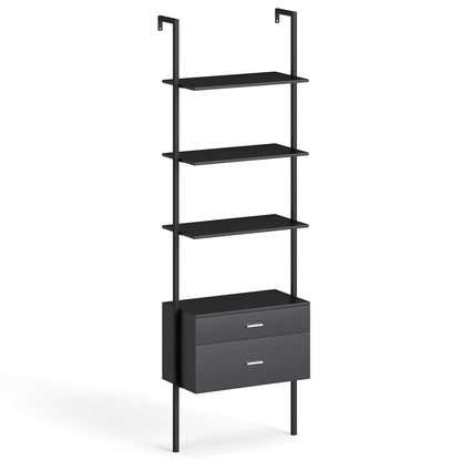 6-Tier Ladder Bookcase with 2 Drawers and Metal Frame-Black