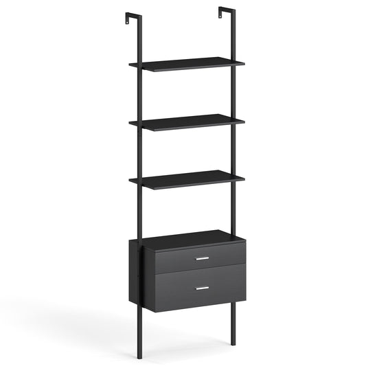 6-Tier Ladder Bookcase with 2 Drawers and Metal Frame-Black